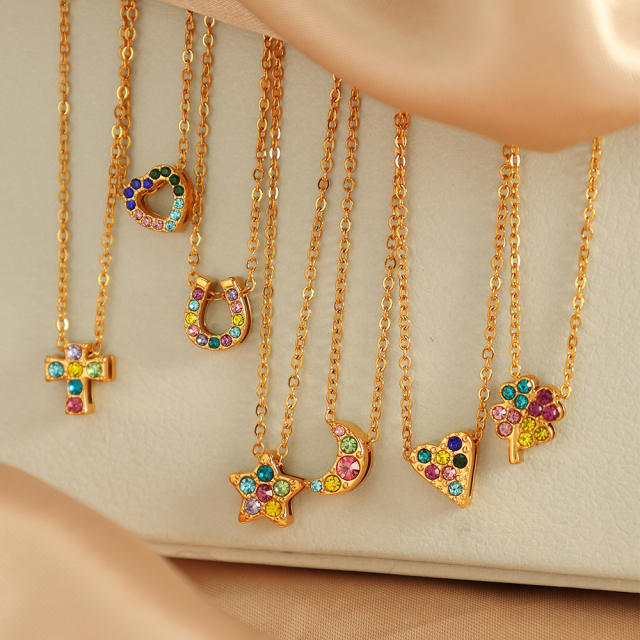 Sweet rainbow cz clover u shape pendant dainty stainless steel necklace