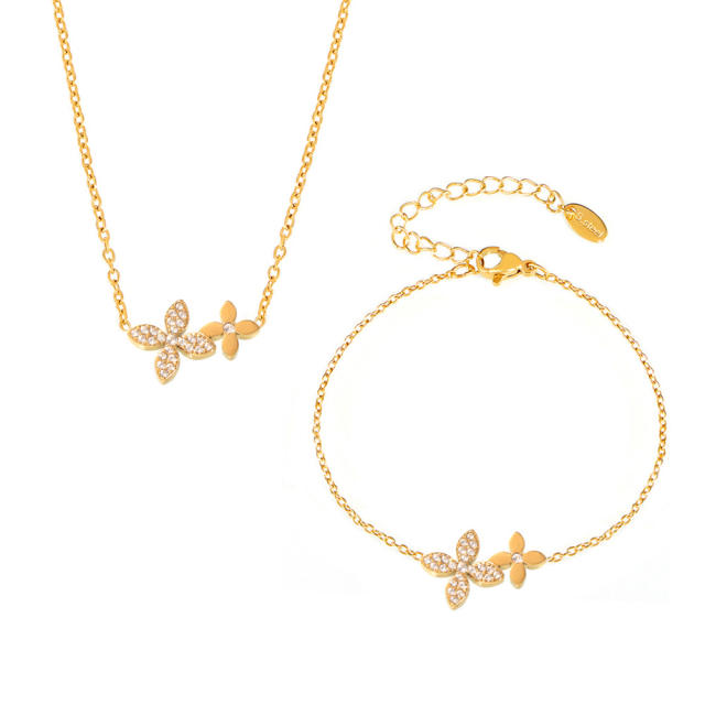 Dainty diamond clover stainless steel necklace bracelet set