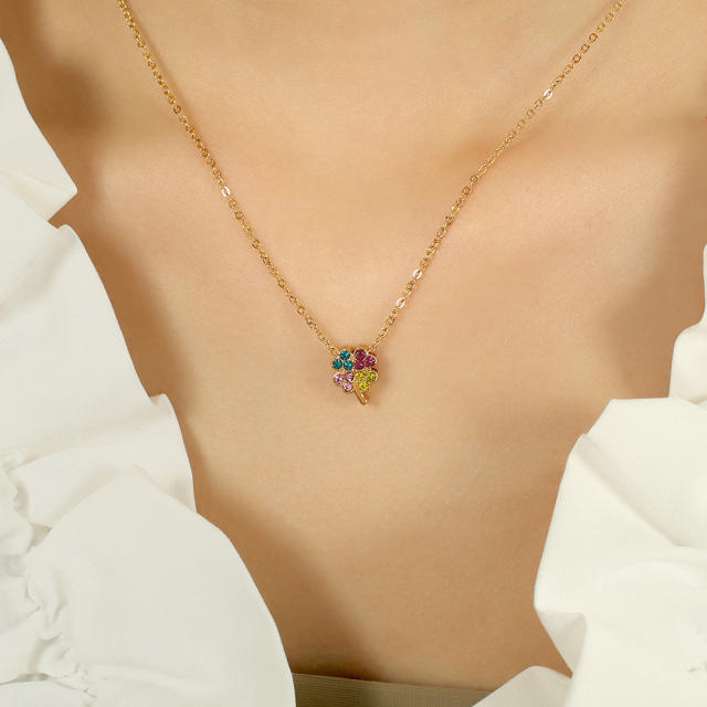 Sweet rainbow cz clover u shape pendant dainty stainless steel necklace