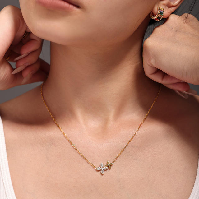 Dainty diamond clover stainless steel necklace bracelet set