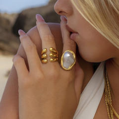 Chunky baroque pearl stainless steel finger rings