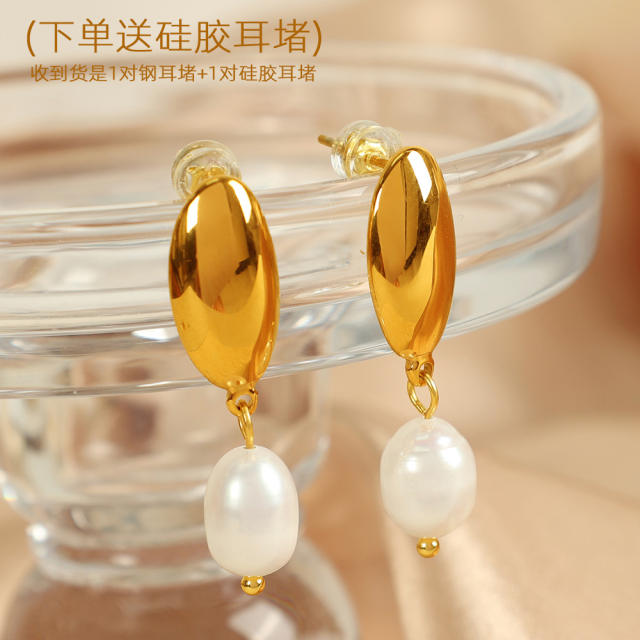 18KG geometric oval shape pearl drop stainless steel earrings