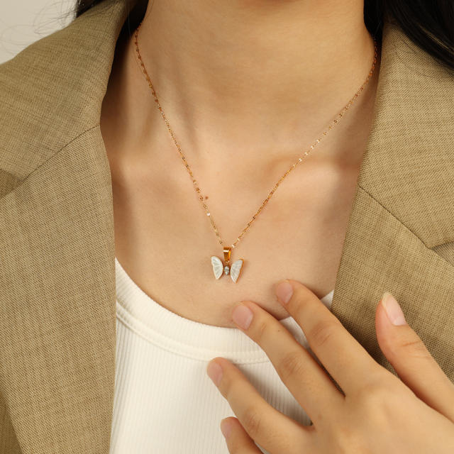Dainty natural stone white butterfly charm stainless steel necklace