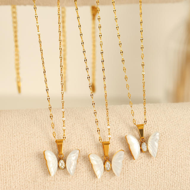 Dainty natural stone white butterfly charm stainless steel necklace
