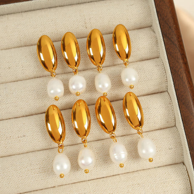 18KG geometric oval shape pearl drop stainless steel earrings
