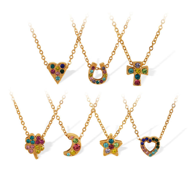 Sweet rainbow cz clover u shape pendant dainty stainless steel necklace