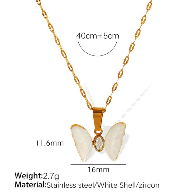 Dainty natural stone white butterfly charm stainless steel necklace