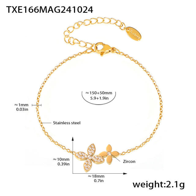 Dainty diamond clover stainless steel necklace bracelet set