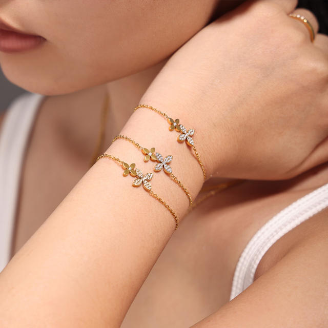 Dainty diamond clover stainless steel necklace bracelet set