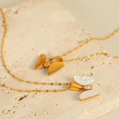 Dainty natural stone white butterfly charm stainless steel necklace