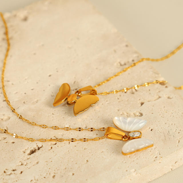 Dainty natural stone white butterfly charm stainless steel necklace
