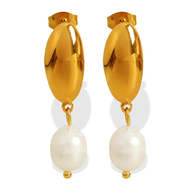 18KG geometric oval shape pearl drop stainless steel earrings