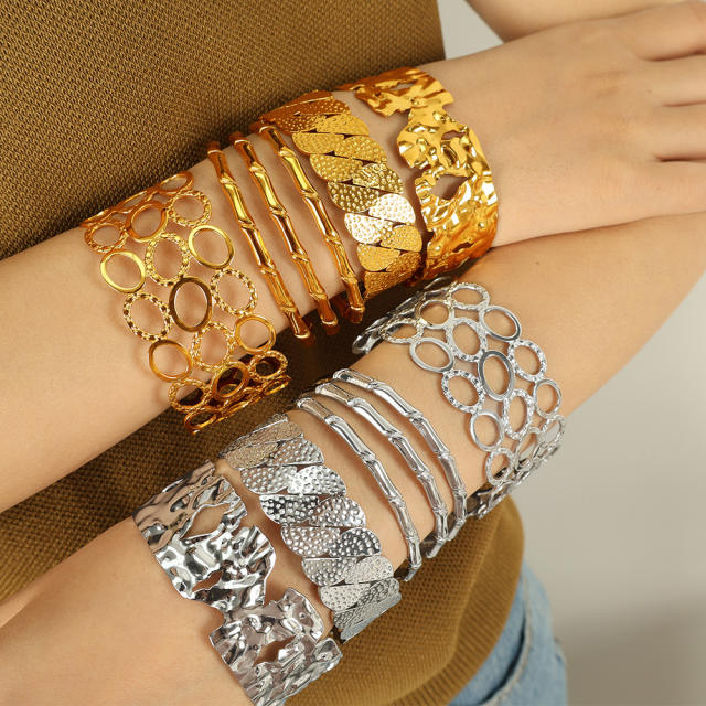 Punk trend hollow out chunky stainless  steel cuff bangle