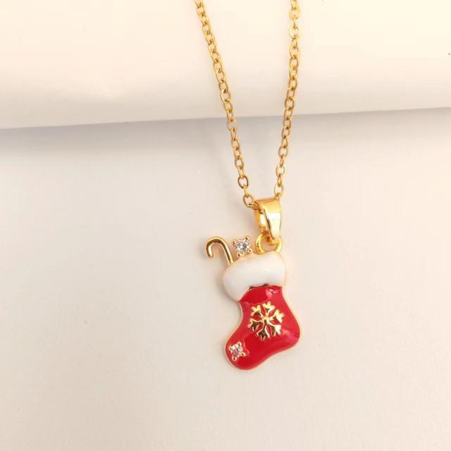 Sweet red color enamel christmas socks santas charm stainless steel chain necklace collection