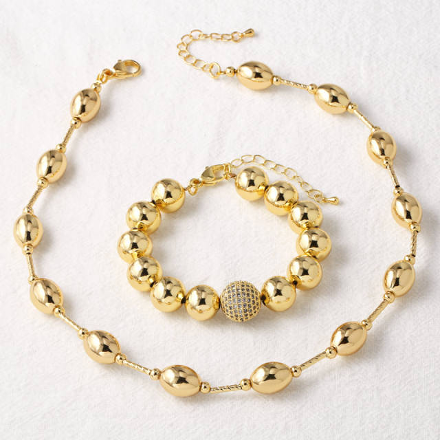 18K gold plated copper ball bead choker necklace bracelet set