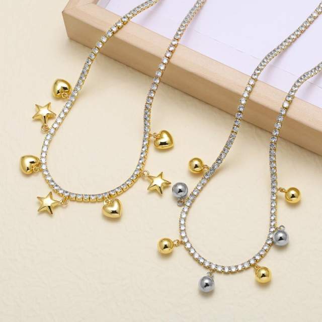 18K gold plated tennis chain gold color star heart ball charm choker necklace