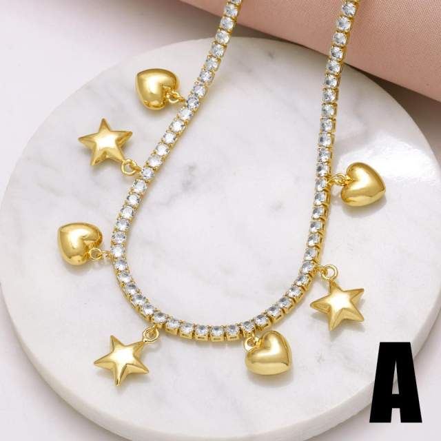 18K gold plated tennis chain gold color star heart ball charm choker necklace