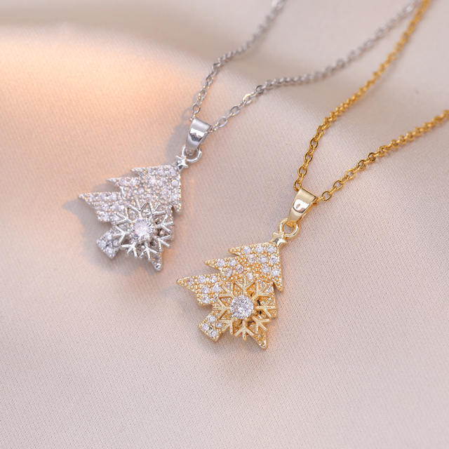 Delicate diamond rotatable snowflake christmas tree pendant stainless steel chain necklace