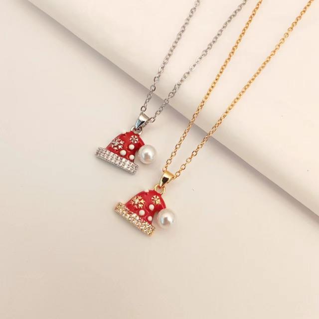 Sweet red color enamel christmas socks santas charm stainless steel chain necklace collection