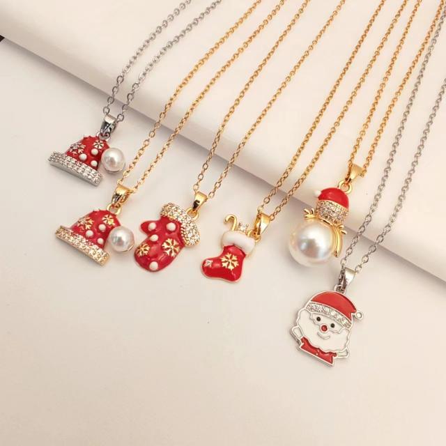 Sweet red color enamel christmas socks santas charm stainless steel chain necklace collection