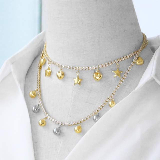 18K gold plated tennis chain gold color star heart ball charm choker necklace