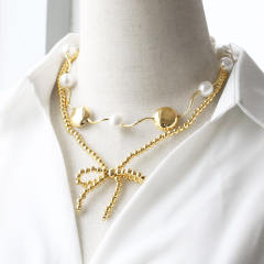 18K gold plated copper ball bead wave shape choker necklace
