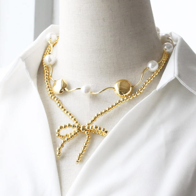 18K gold plated copper ball bead wave shape choker necklace