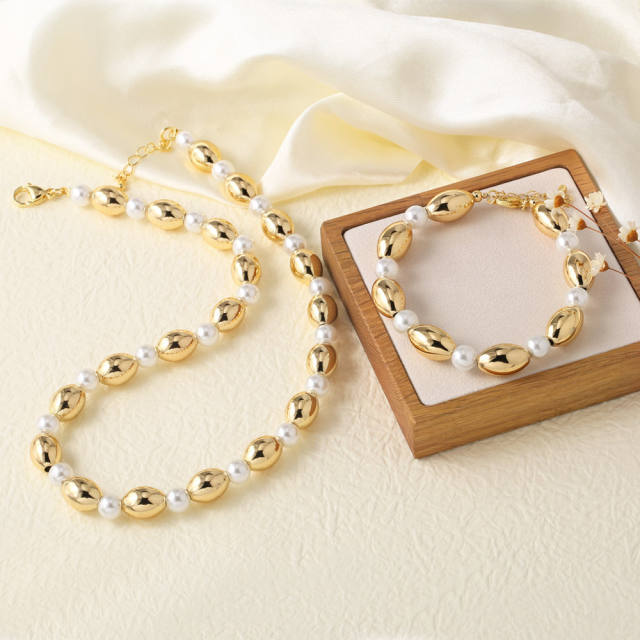 18K gold plated copper hollow out ball bead choker necklace bracelet set