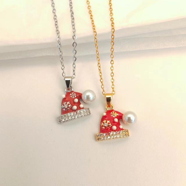 Sweet red color enamel christmas socks santas charm stainless steel chain necklace collection