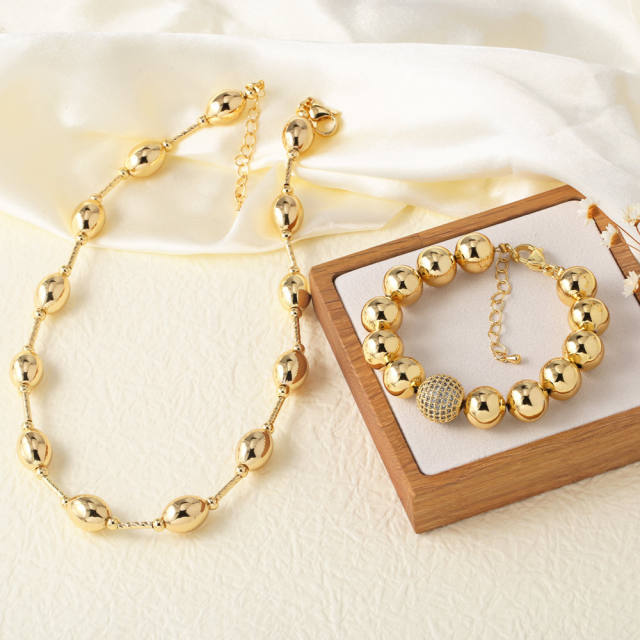18K gold plated copper ball bead choker necklace bracelet set