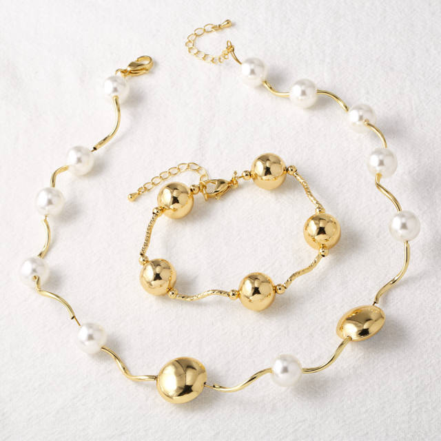 18K gold plated copper ball bead wave shape choker necklace