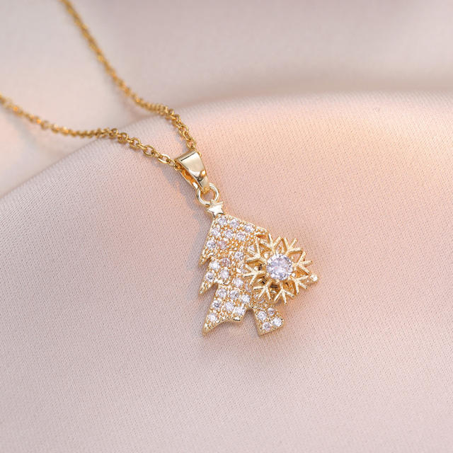 Delicate diamond rotatable snowflake christmas tree pendant stainless steel chain necklace