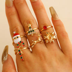 Cartoon enamel santa snowman alloy finger rings christmas rings set