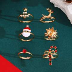 Cartoon enamel santa snowman alloy finger rings christmas rings set
