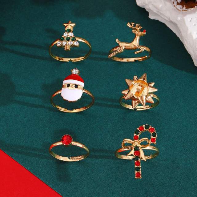 Cartoon enamel santa snowman alloy finger rings christmas rings set