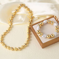 18K gold plated copper imitation pearl bead choker necklace bracelet set