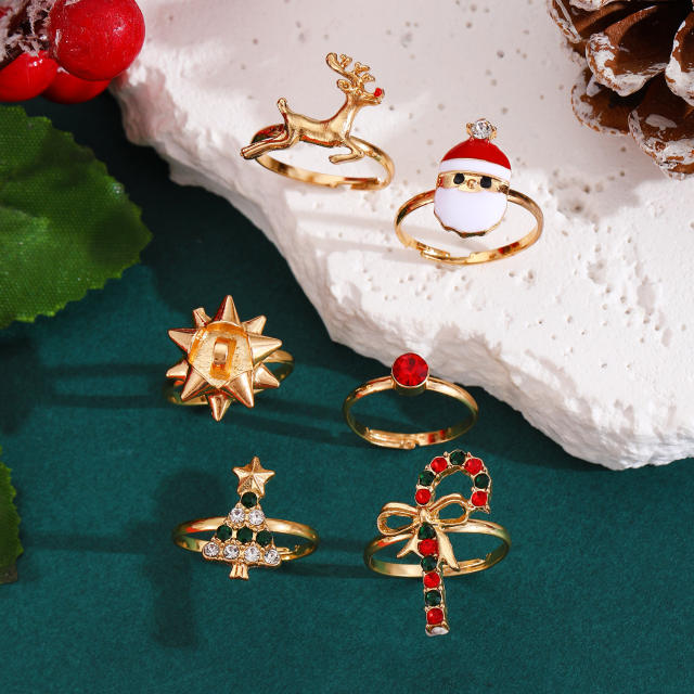 Cartoon enamel santa snowman alloy finger rings christmas rings set