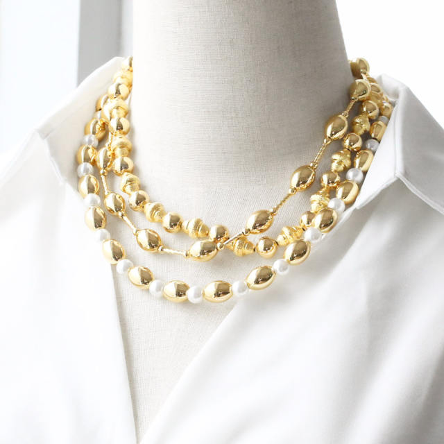 18K gold plated copper imitation pearl bead choker necklace bracelet set