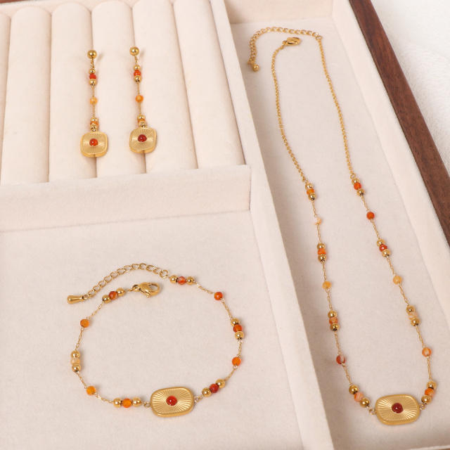 Boho hot sale colorful natural stone bead stainless steel necklace set