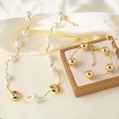 18K gold plated copper ball bead wave shape choker necklace
