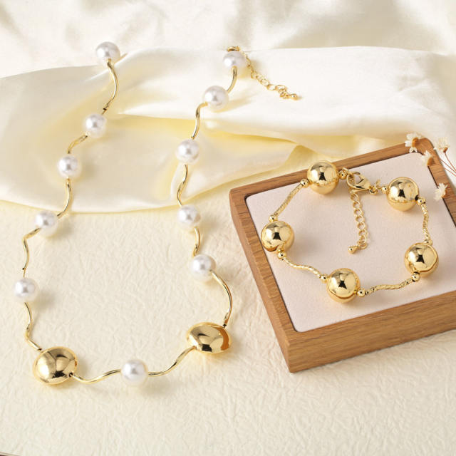 18K gold plated copper ball bead wave shape choker necklace