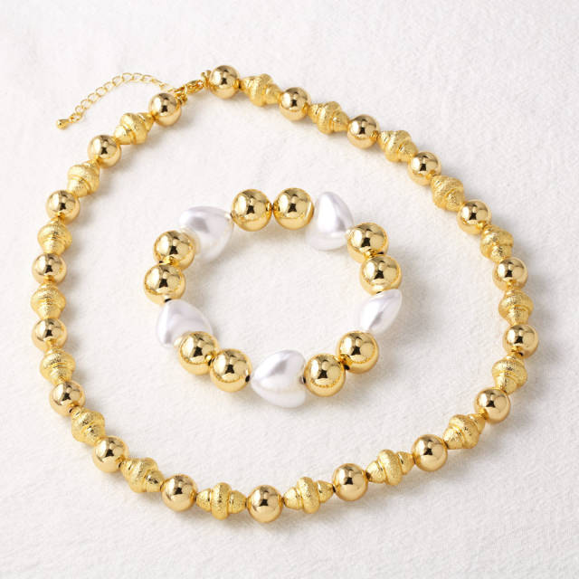 18K gold plated copper imitation pearl bead choker necklace bracelet set