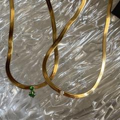 18KG chic green white diamond stainless steel chain necklace bracelet set