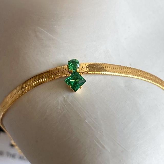 18KG chic green white diamond stainless steel chain necklace bracelet set