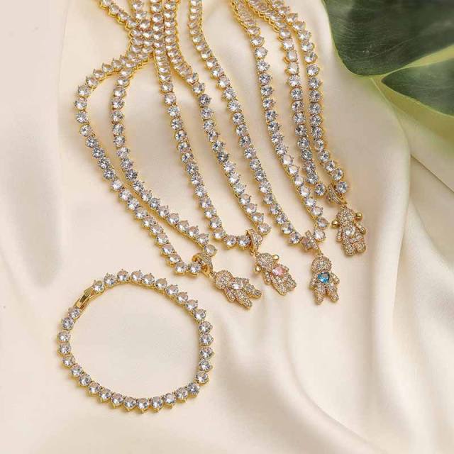 Delicate tennis chain diamond boy girl pendant copper necklace bracelet set