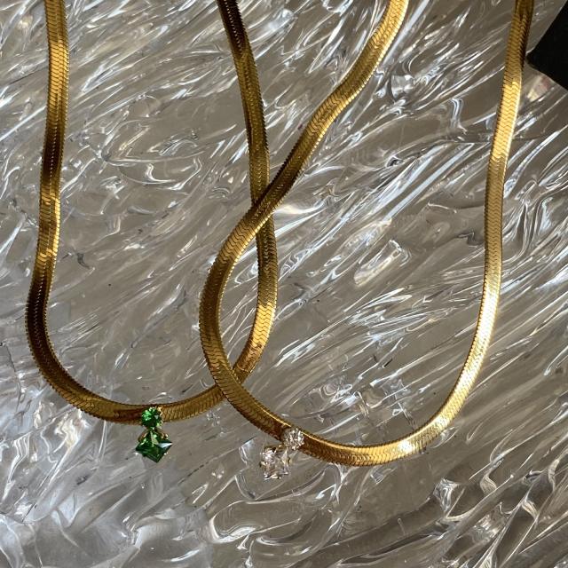 18KG chic green white diamond stainless steel chain necklace bracelet set