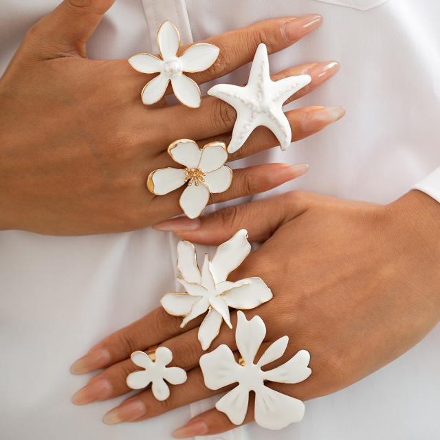 Boho white color flower starfish chunky finger rings collection