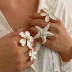 Boho white color flower starfish chunky finger rings collection