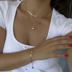 18KG chic green white diamond stainless steel chain necklace bracelet set