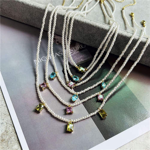 Elegant colorful crystal pearl beaded choker necklace gold plated copper necklace